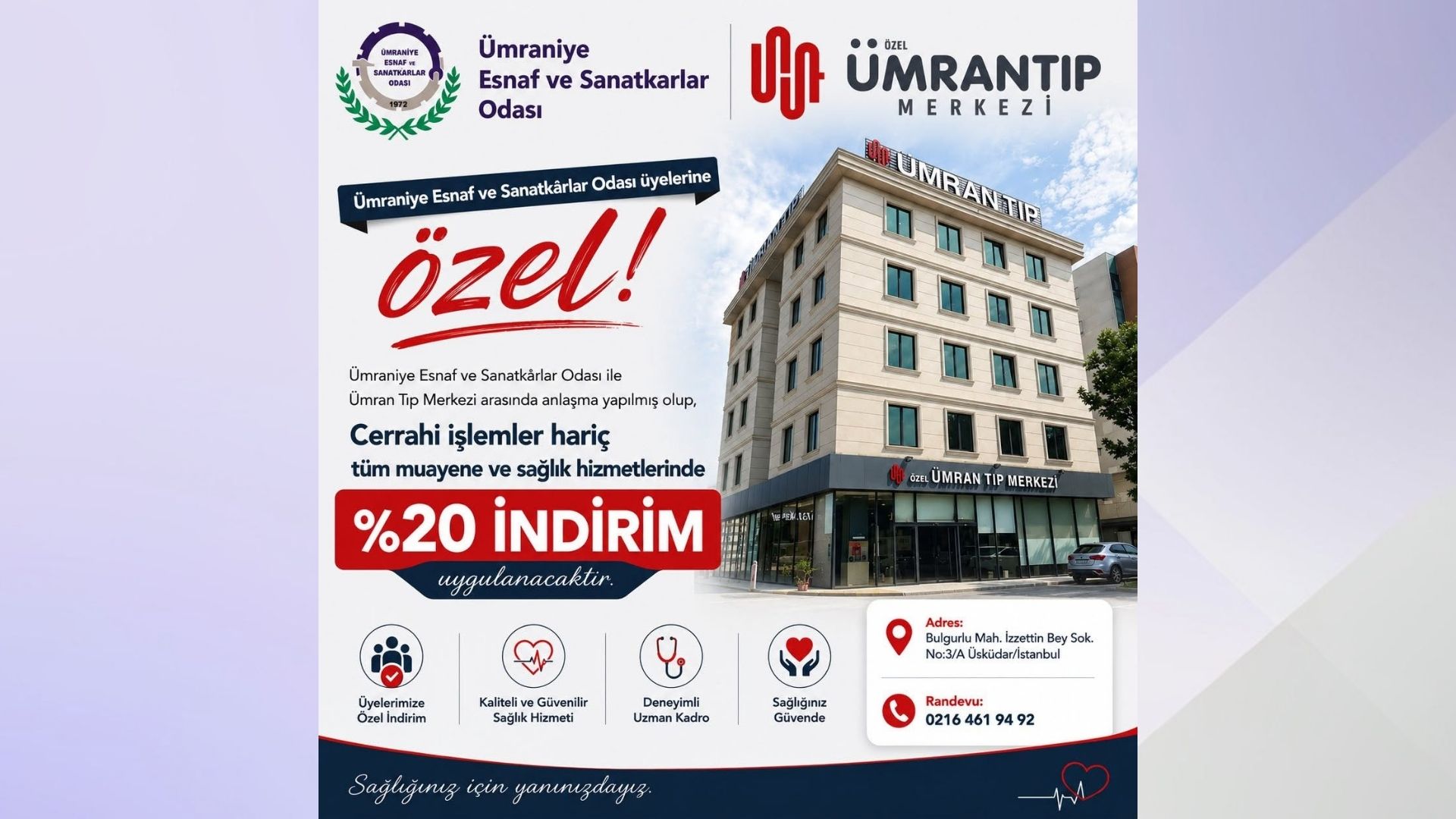 Üyelerimize Sağlık Destek Projesi: Özel Ümran Tıp Merkezi'nde %20 İndirim